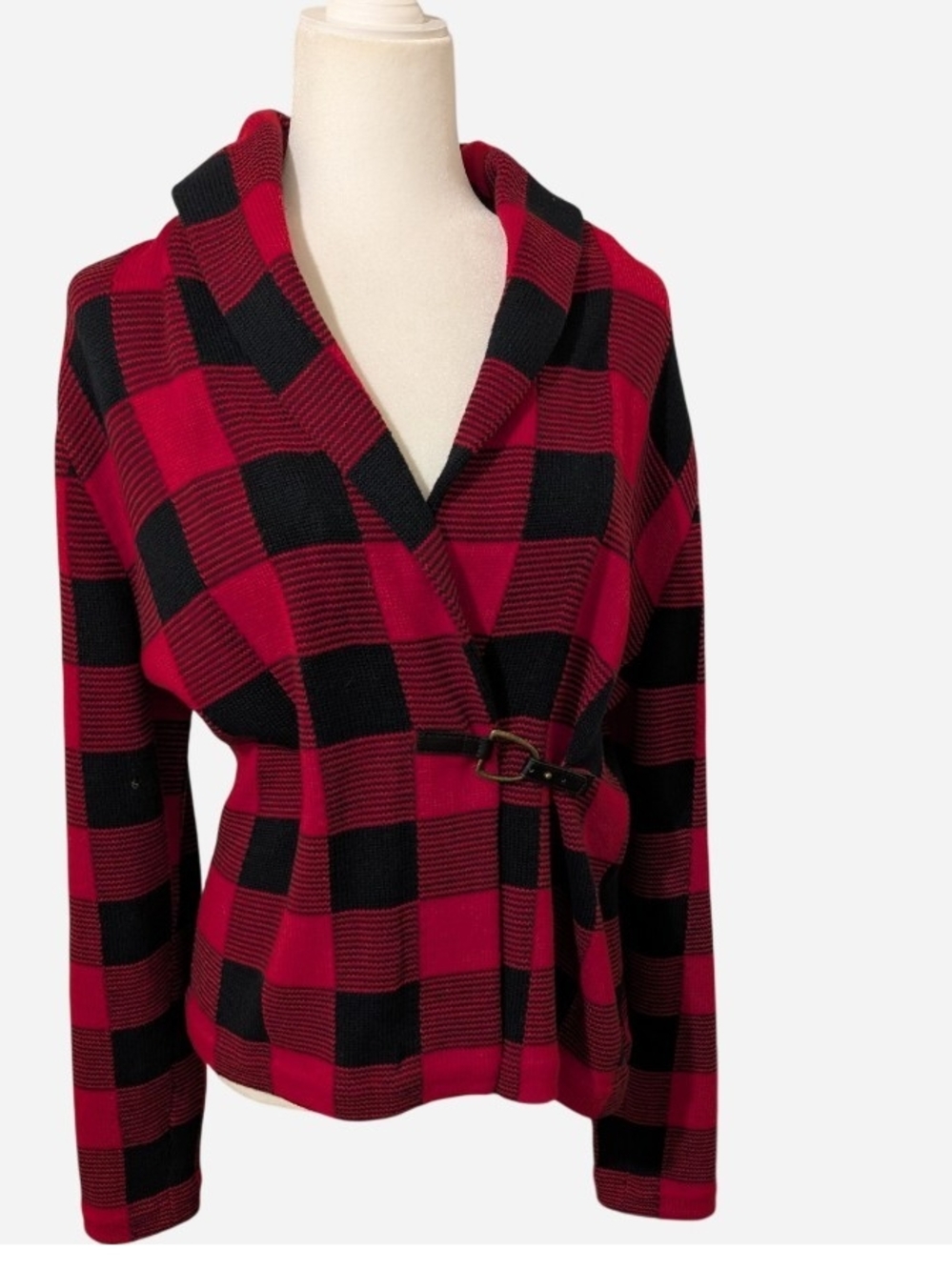 Chaps Buffalo Check Wrap Cardigan - Red & Black